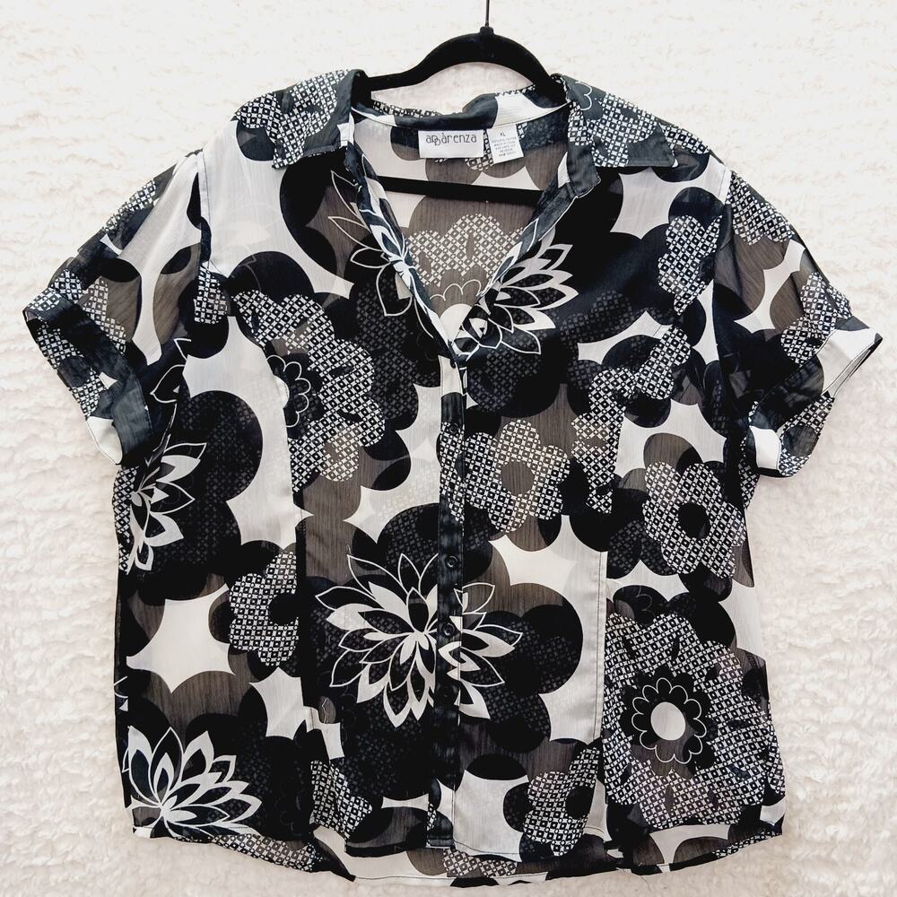 Blouse Black & White Goth Dark Fairy Whimsy Sheer Quiet Luxury Office Size XL